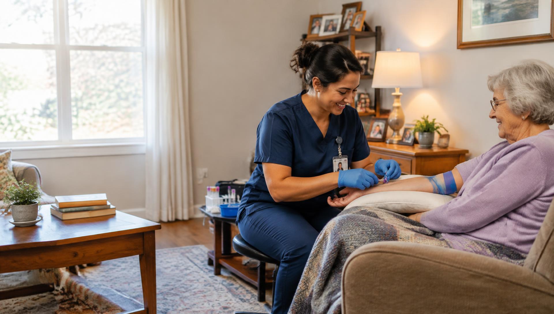 Phlebotomist drawing blood from a patient at home